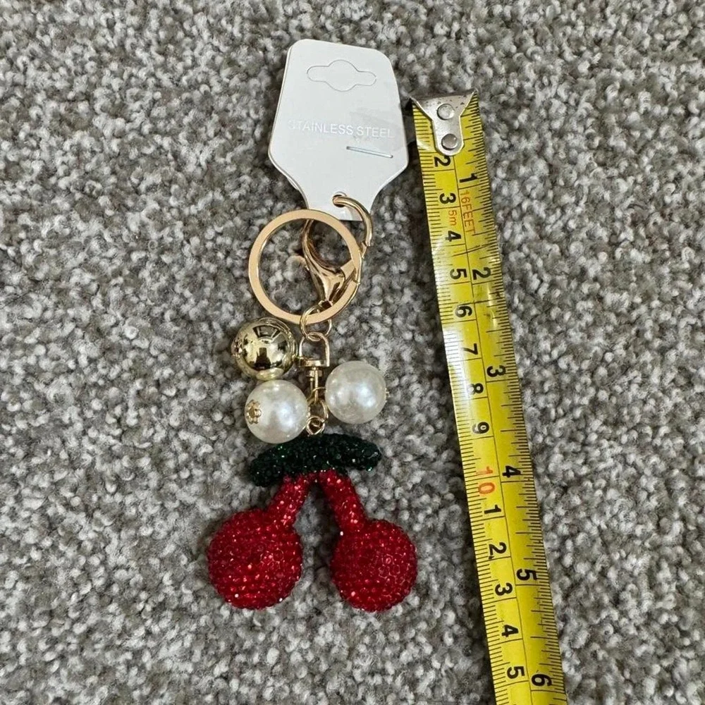 Cherry Keychain or Charm with Pearl & Bell Details